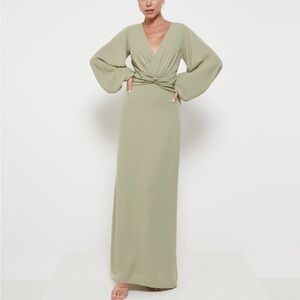 Pretty Lavish Olive Sage Green Nellie Knot Maxi Long Sleeve Dress Sz. 2 NWT!
